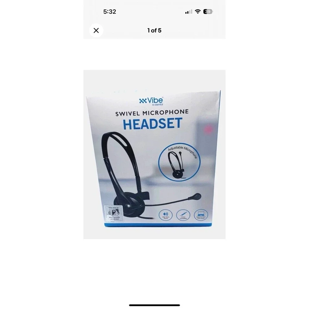 Vibe e-ssential Swivel Microphone Headset, 3.5mm Plug-In Mono Adjustable, New